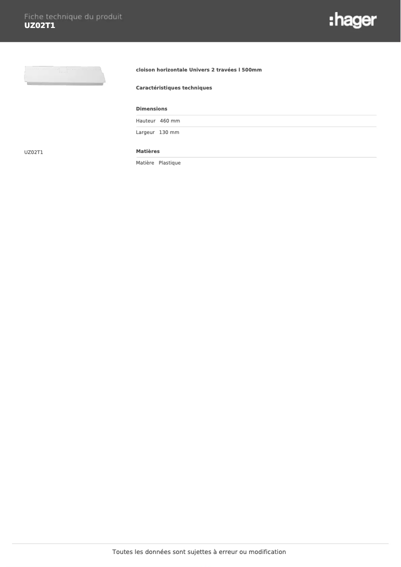 Page n°1 - Fiche technique Hager UZ02T1