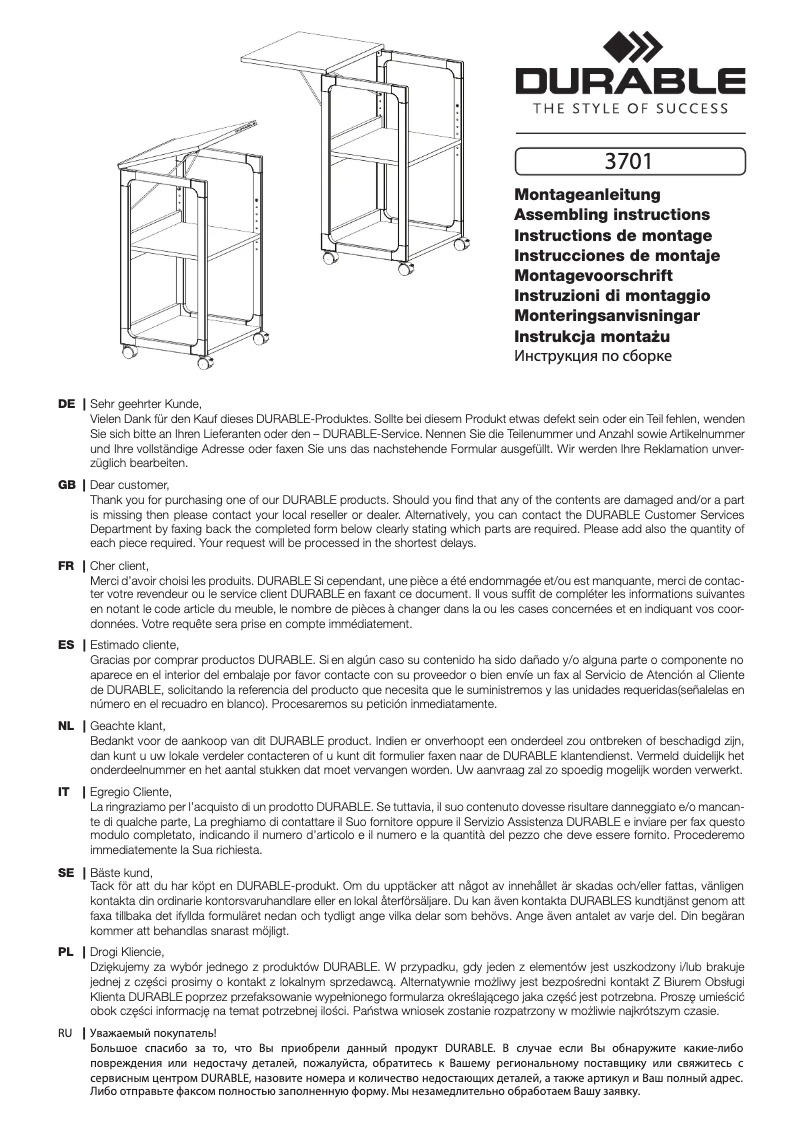 Page 1 de la notice Manuel utilisateur Durable 3701