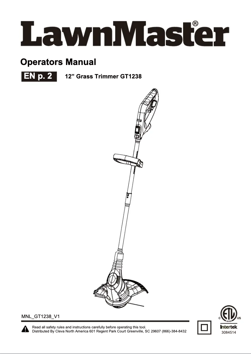 Page 1 de la notice Manuel utilisateur LawnMaster GT1238