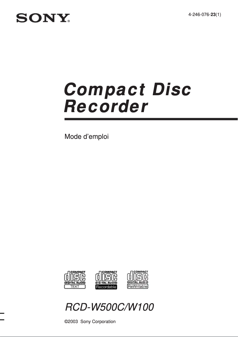 Page 1 de la notice Manuel utilisateur Sony RCD-W500C