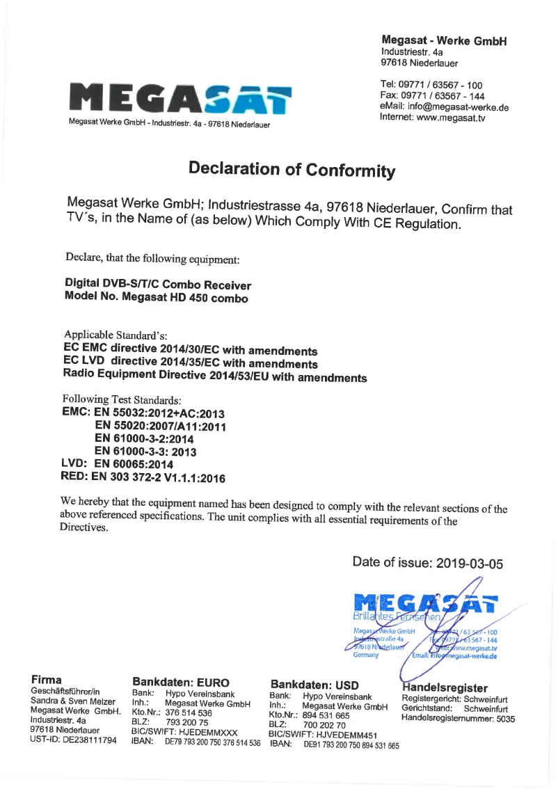 Page 1 de la notice Manuel utilisateur Megasat HD 450 Combo