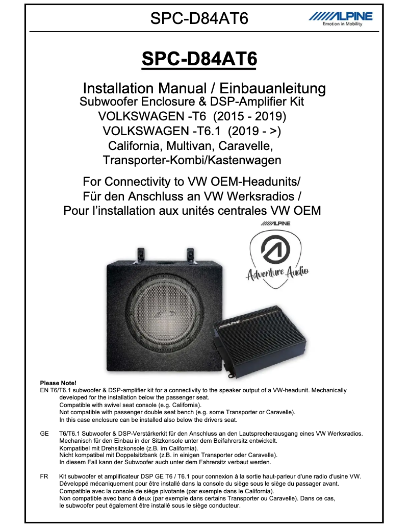 Page 1 de la notice Manuel utilisateur Alpine SPC-D84AT6