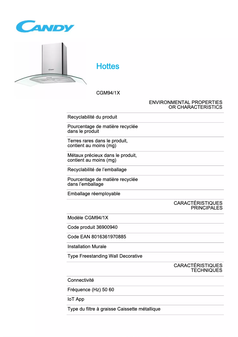 Page 1 de la notice Fiche technique Candy CGM94/1X
