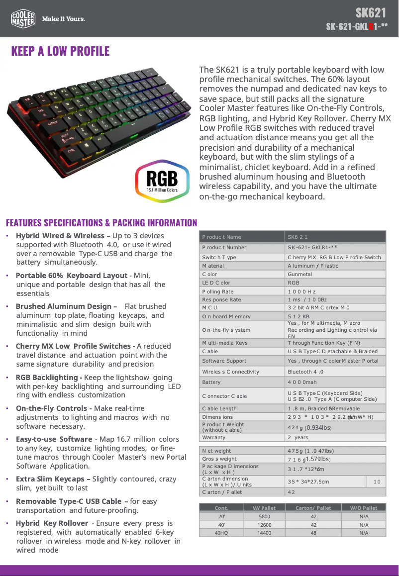 Página 1 del manual Ficha técnica Cooler Master Gaming SK621