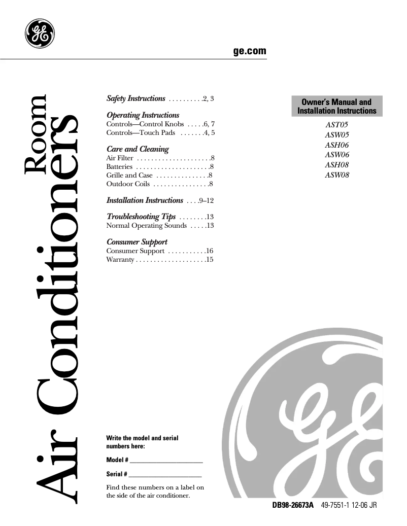 Page 1 de la notice Guide d'installation GE ASW05LK