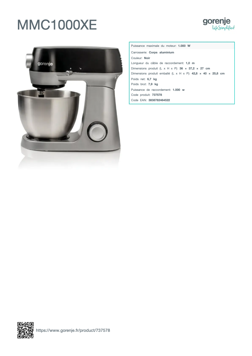 Page 1 de la notice Fiche technique Gorenje MMC1000XE