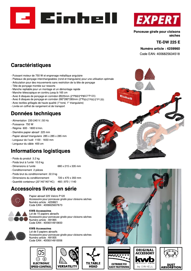 Page 1 de la notice Fiche technique Einhell TE-DW 225 X