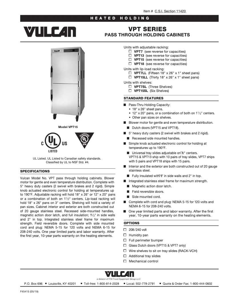 Page n°1 - Fiche technique Vulcan VPT18
