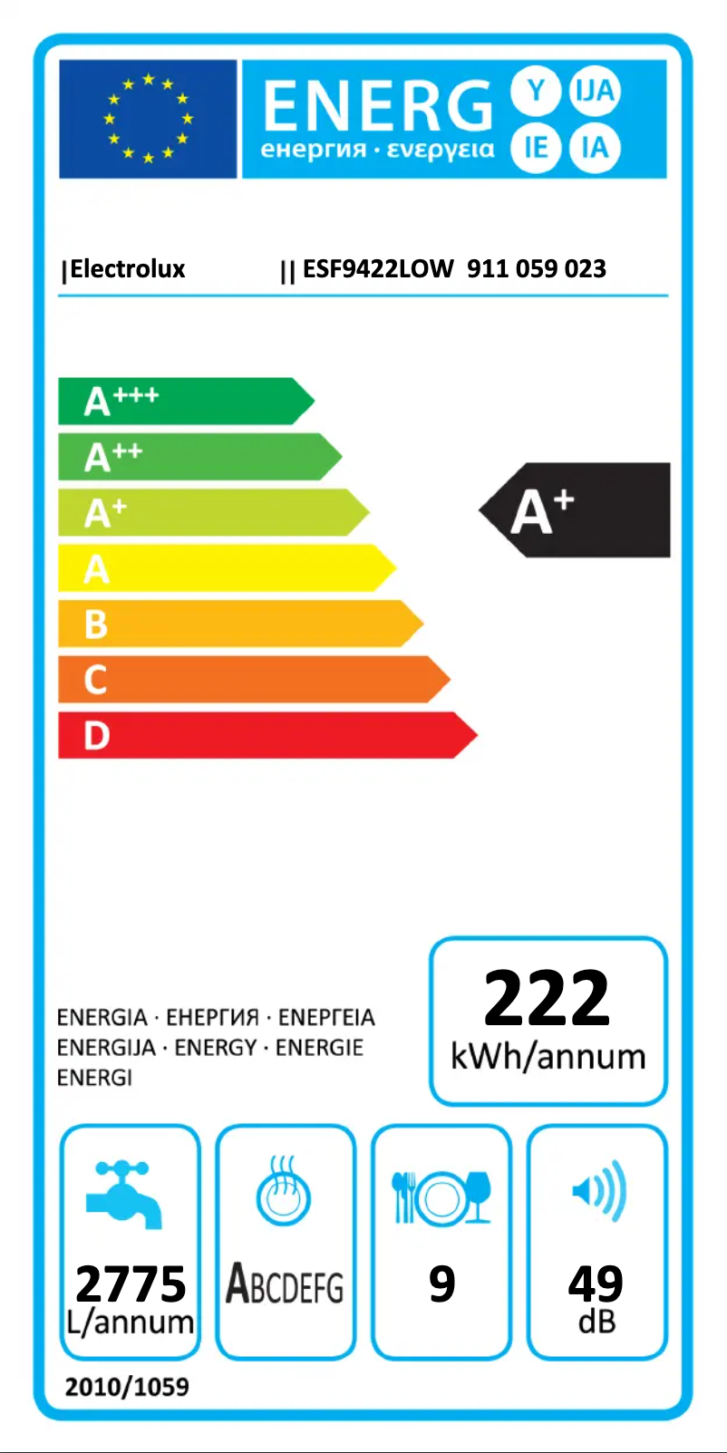 Page n°1 - Label énergétique Electrolux ESF9422LOW
