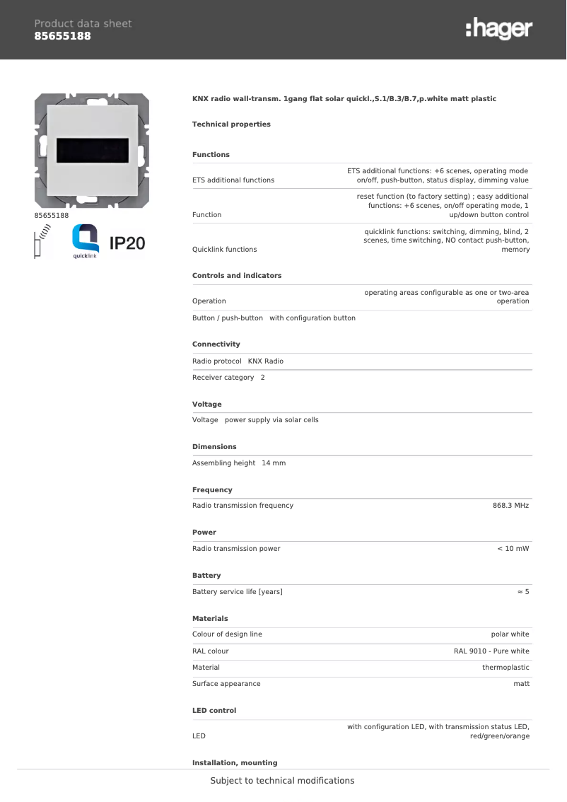 Page 1 de la notice Fiche technique Hager 85655188
