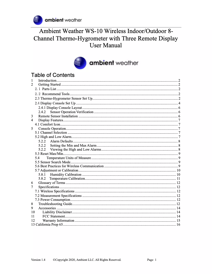 Page n°1 - Manuel utilisateur Ambient Weather WS-10