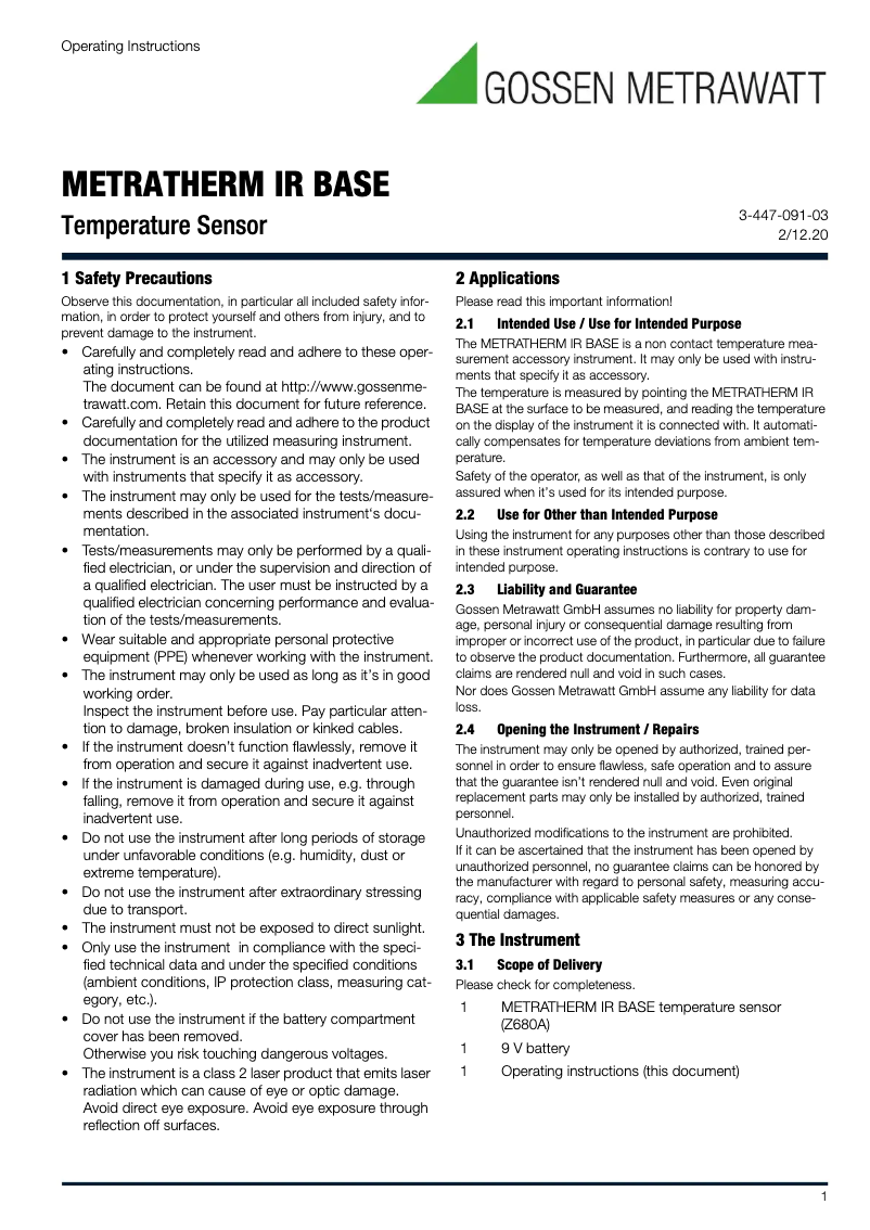 Page 1 de la notice Manuel utilisateur Gossen Metrawatt METRATHERM IR BASE