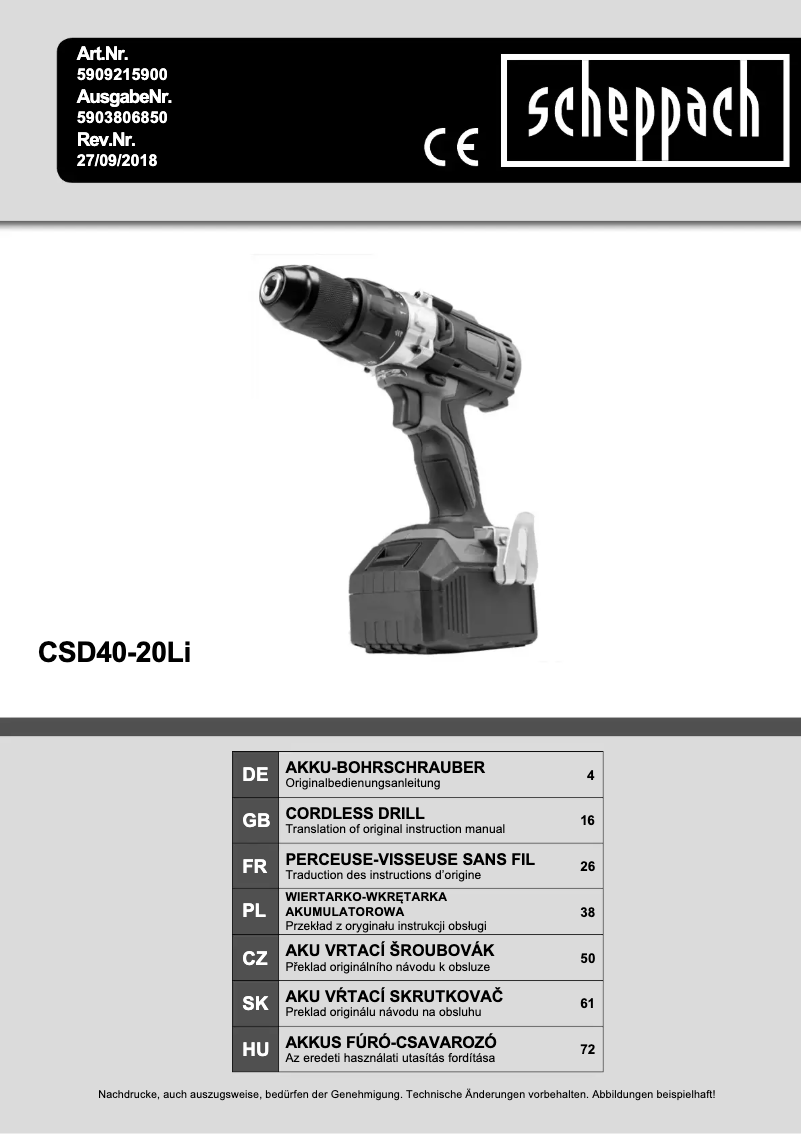 Page n°1 - Manuel utilisateur Scheppach CSD40-20Li