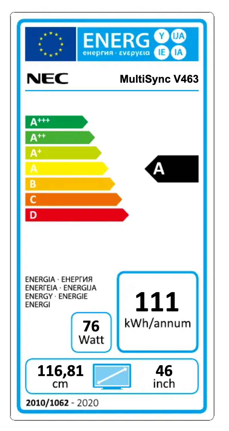 Page 1 de la notice Label énergétique NEC MultiSync V463