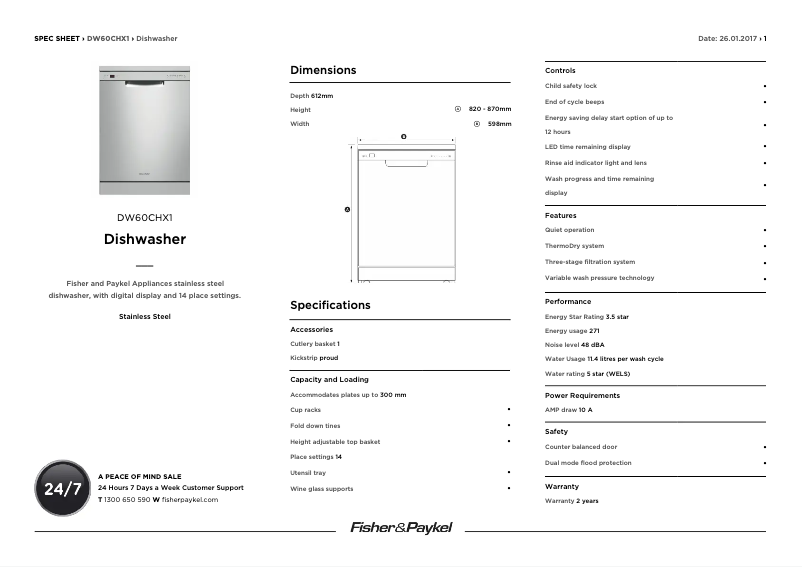 Page 1 de la notice Fiche technique Fisher & Paykel DW60CHX1