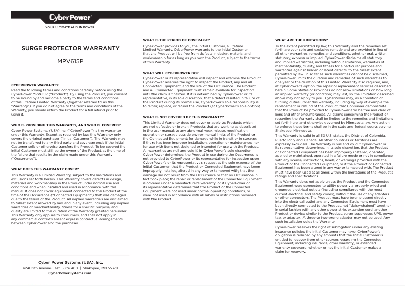 Page n°1 - Informations de garantie CyberPower MPV615P