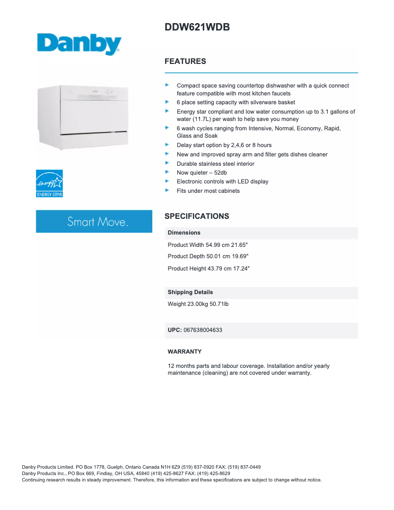 Page 1 de la notice Fiche technique Danby DDW621