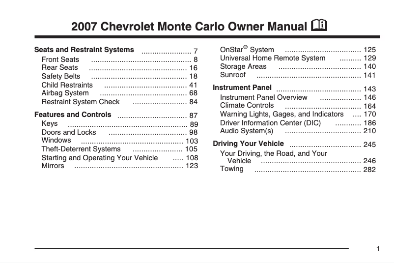Page 1 de la notice Manuel utilisateur Chevrolet Monte Carlo (1998)