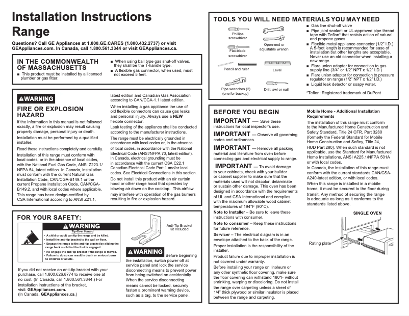 Page 1 de la notice Guide d'installation GE JGS760DPWW