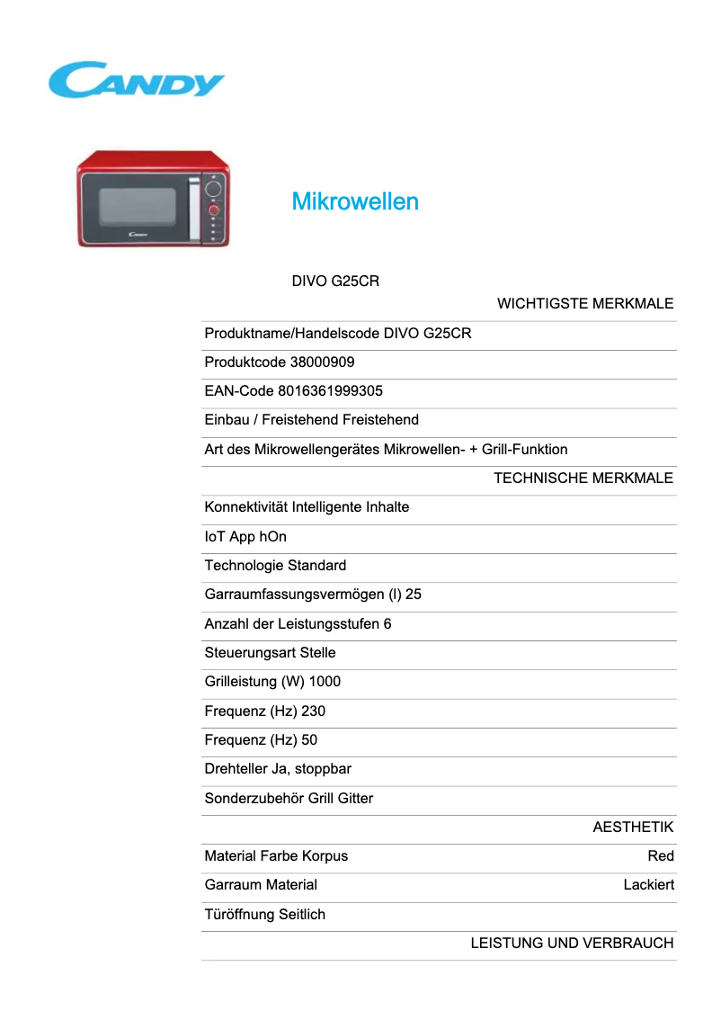 Page 1 de la notice Fiche technique Candy DIVO G25CR