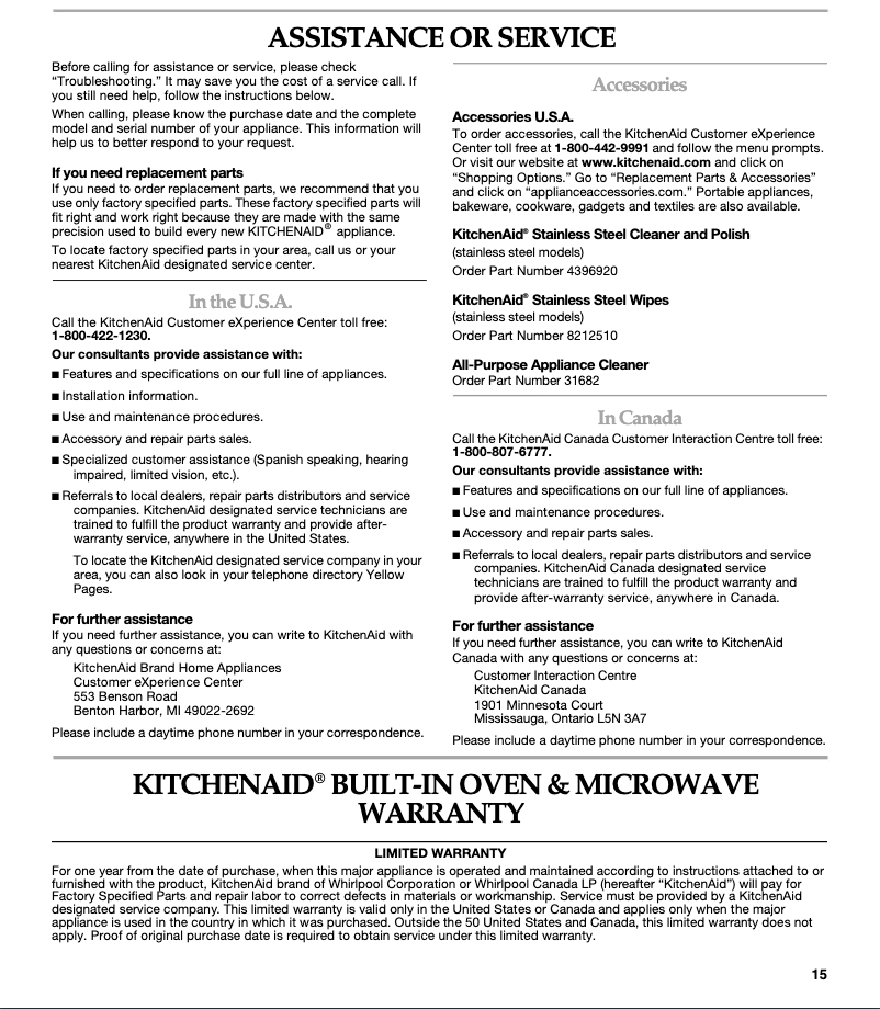 Page n°1 - Informations de garantie KitchenAid KEBK101SSS
