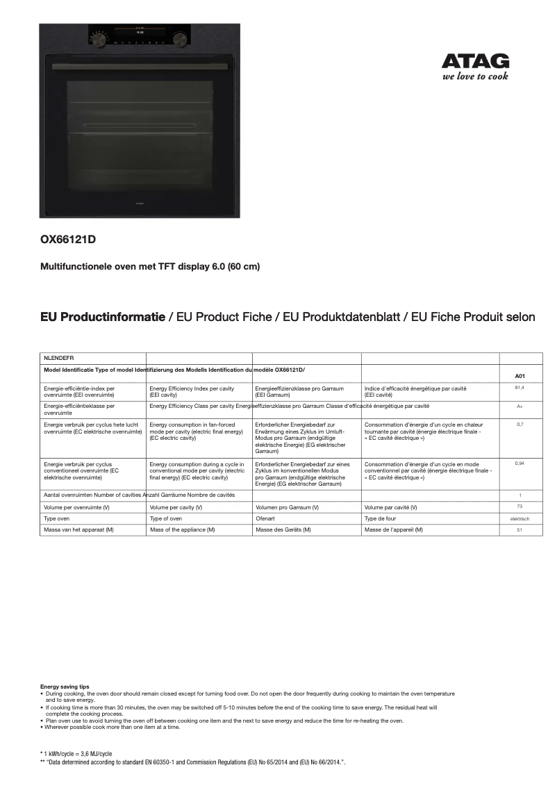 Page 1 de la notice Fiche technique Atag OX66121D