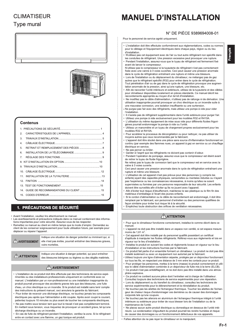 Page 1 de la notice Manuel utilisateur Fujitsu ASHH09KLTA
