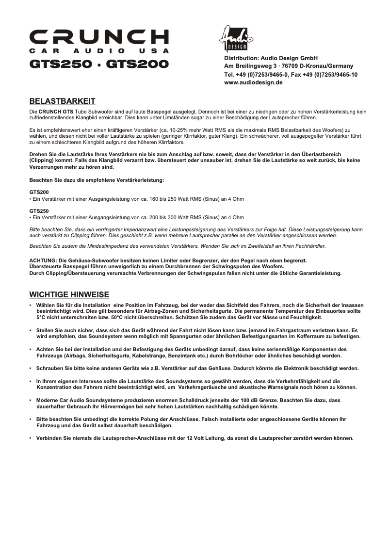 Page 1 de la notice Manuel utilisateur Crunch GTS250