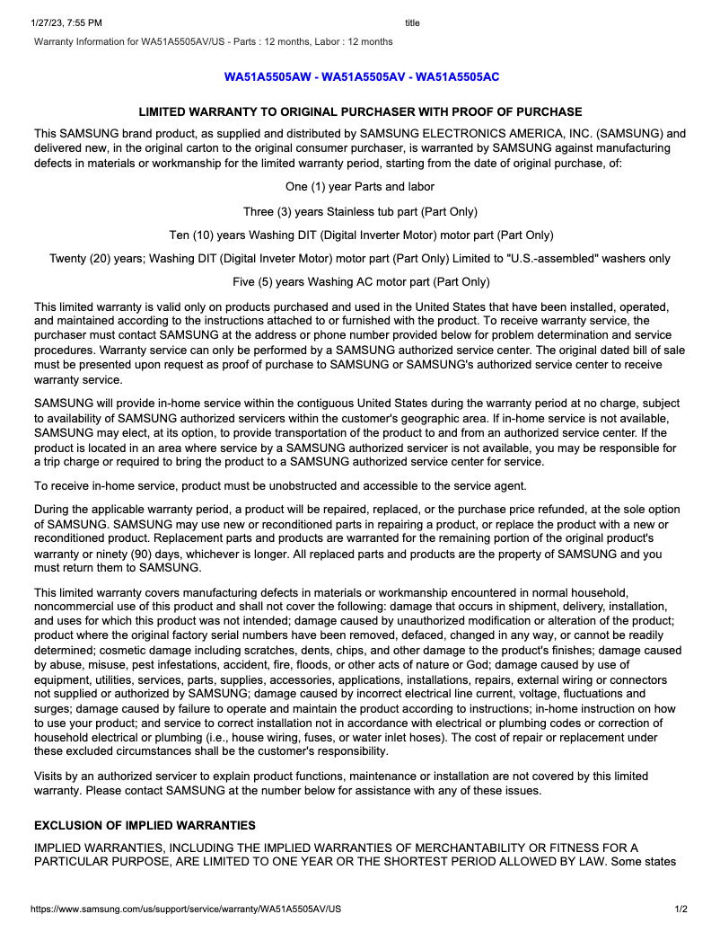 Page 1 de la notice Informations de garantie Samsung WA51A5505AV