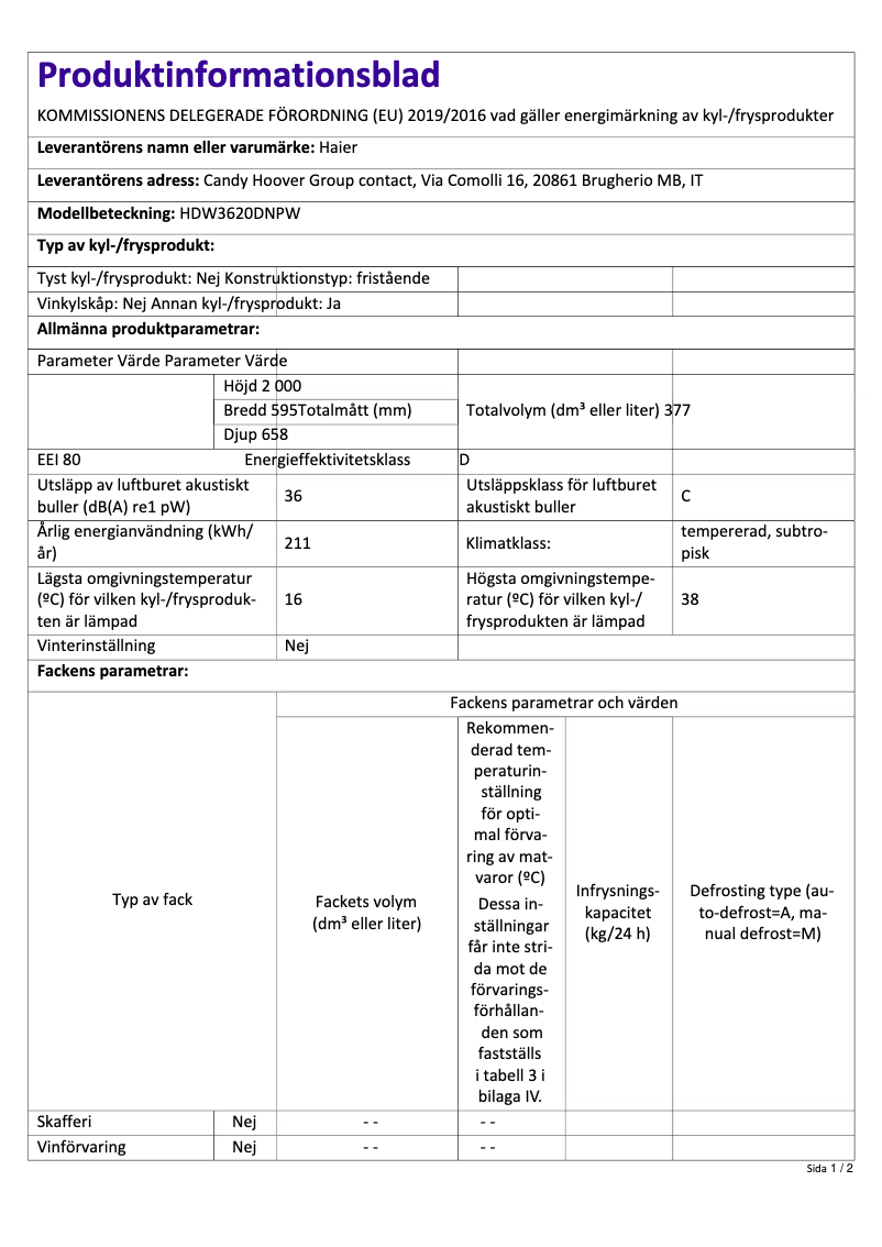 Page 1 de la notice Fiche technique Haier HDW3620DNPW