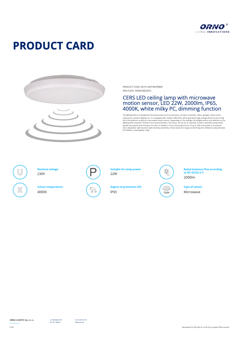 Page n°1 - Fiche technique Adviti AD-PL-6091WLPMM4