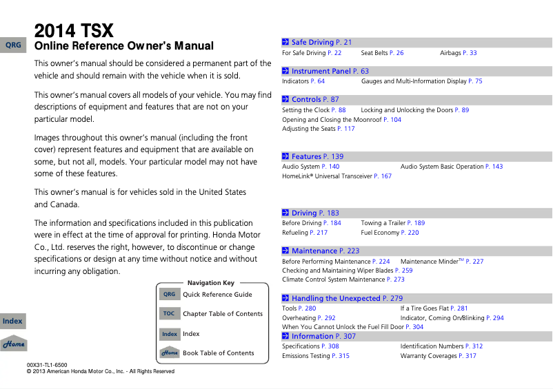 Page 1 de la notice Manuel utilisateur Honda Acura TSX (2014)