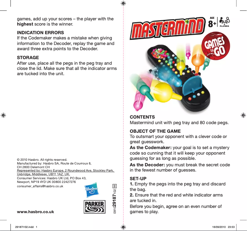 Página 1 del manual Manual de usuario Hasbro Mastermind