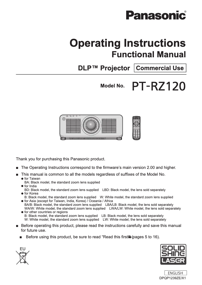 Page n°1 - Manuel utilisateur Panasonic Solid Shine PT-RZ120