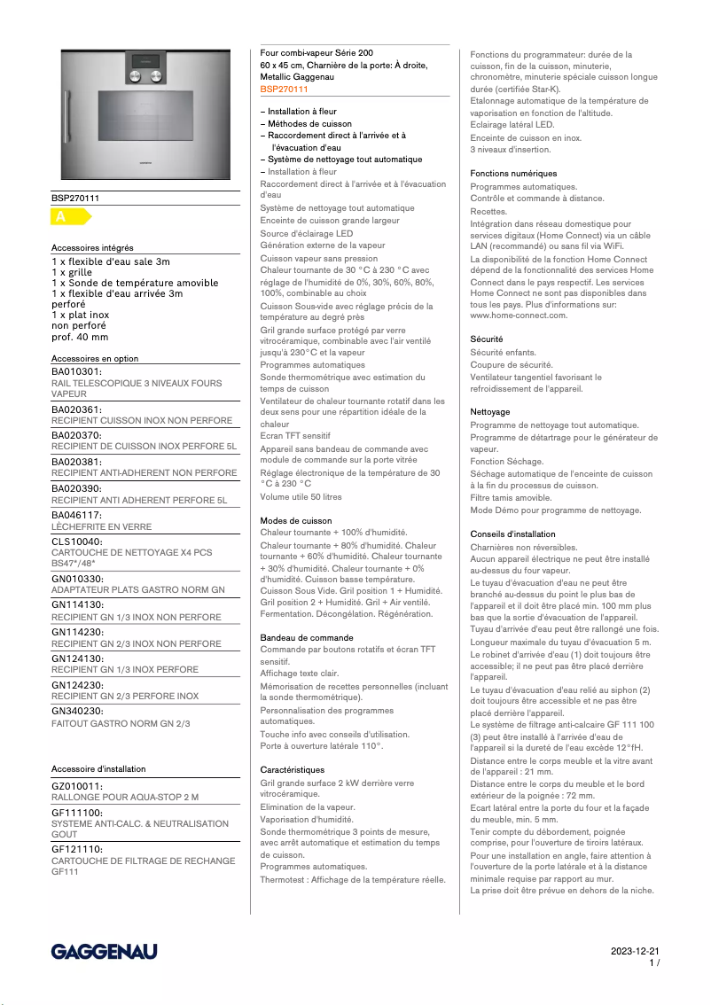 Page 1 de la notice Fiche technique Gaggenau BSP270111
