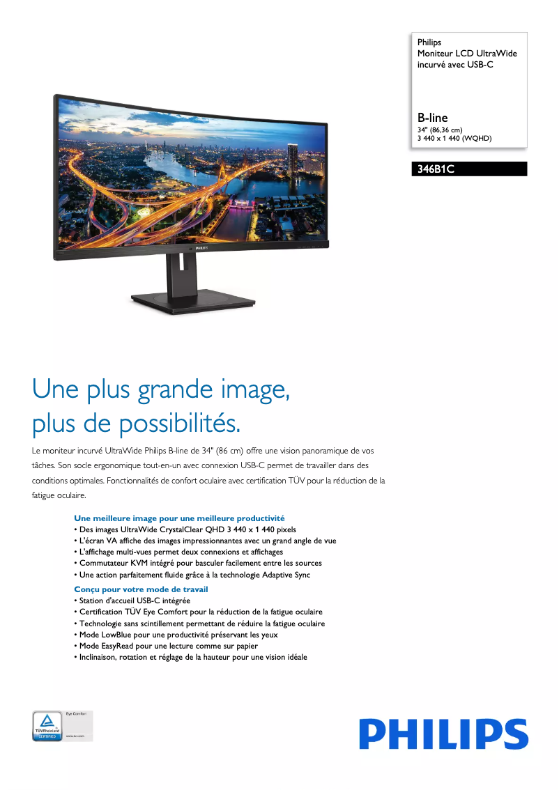 Page 1 de la notice Fiche technique Philips B Line 346B1C