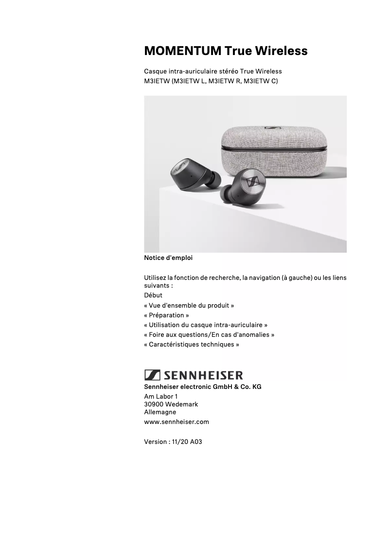 Page 1 de la notice Manuel utilisateur Sennheiser Momentum True Wireless