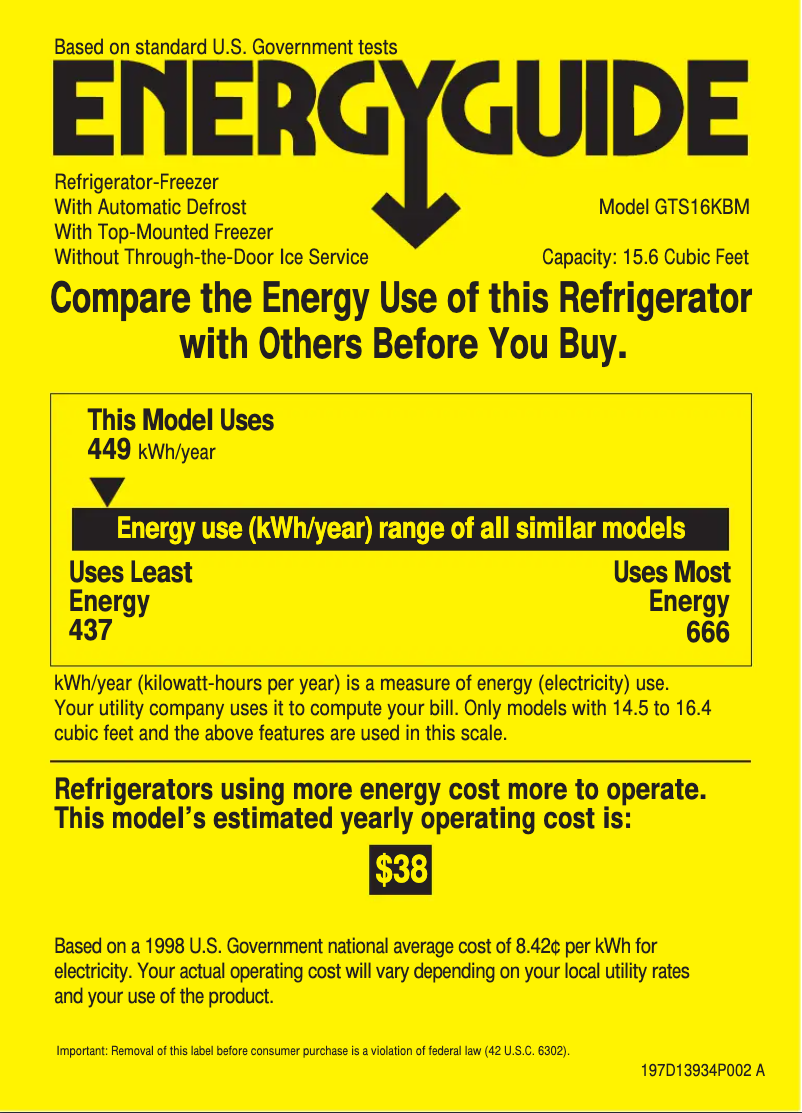 Page 1 de la notice Label énergétique GE GTS16KBMWW