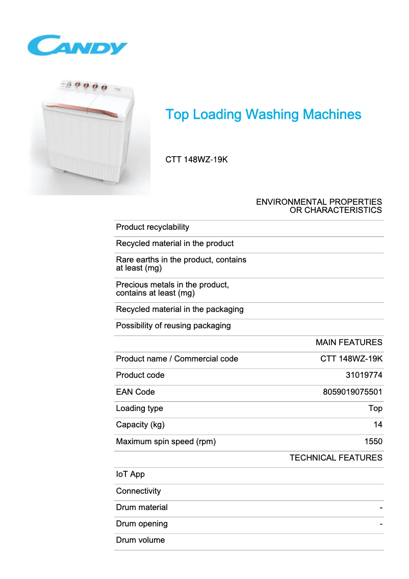 Page 1 de la notice Fiche technique Candy CTT 148WZ-19K