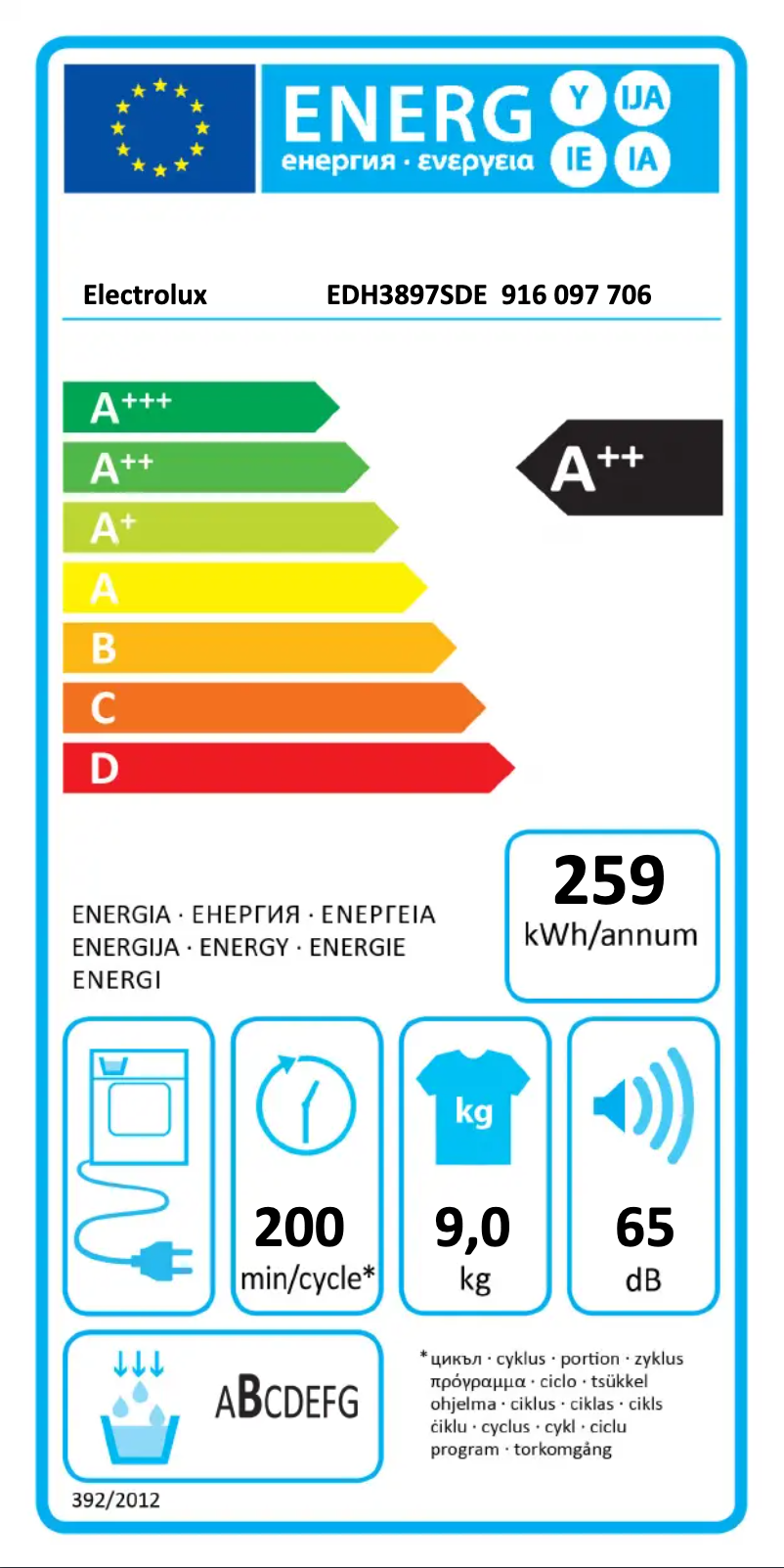 Page n°1 - Label énergétique Electrolux EDH3897SDE