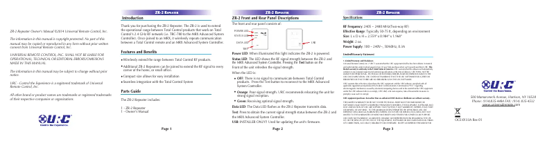 Page 1 de la notice Manuel utilisateur Universal Remote Control ZR-2