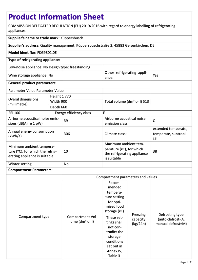 Page n°1 - Label énergétique Küppersbusch FKG9801.0E