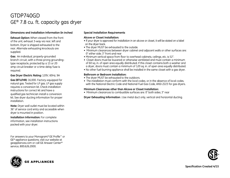 Page 1 de la notice Fiche technique GE GTDP740GDWW