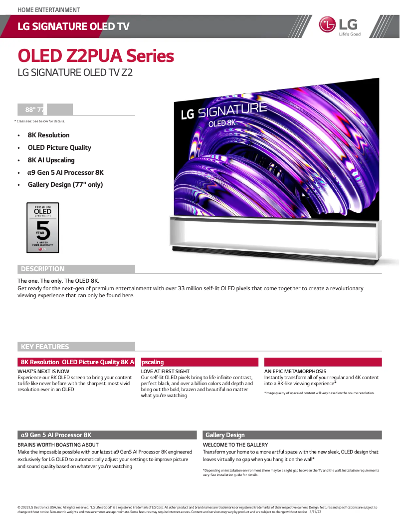 Page 1 de la notice Fiche technique LG OLED77Z2PUA