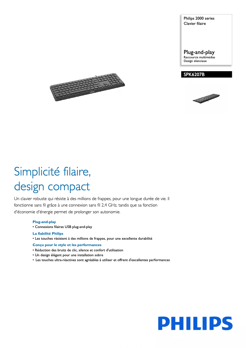 Page 1 de la notice Fiche technique Philips SPK6207B