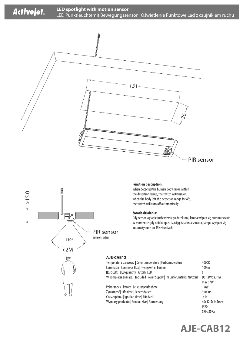 Image de la première page du manuel de l'appareil Activejet AJE-CAB12