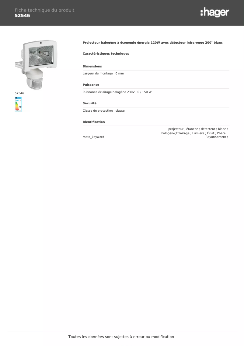Page n°1 - Fiche technique Hager 52546