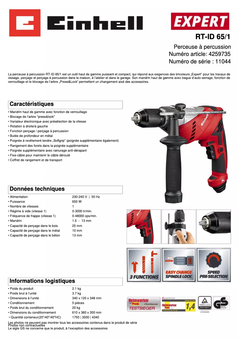 Page n°1 - Fiche technique Einhell TE-ID 650 E