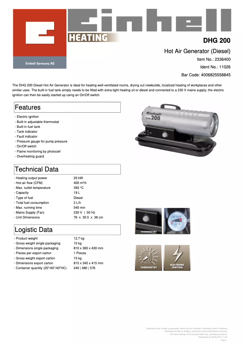 Page 1 de la notice Fiche technique Einhell DHG 200