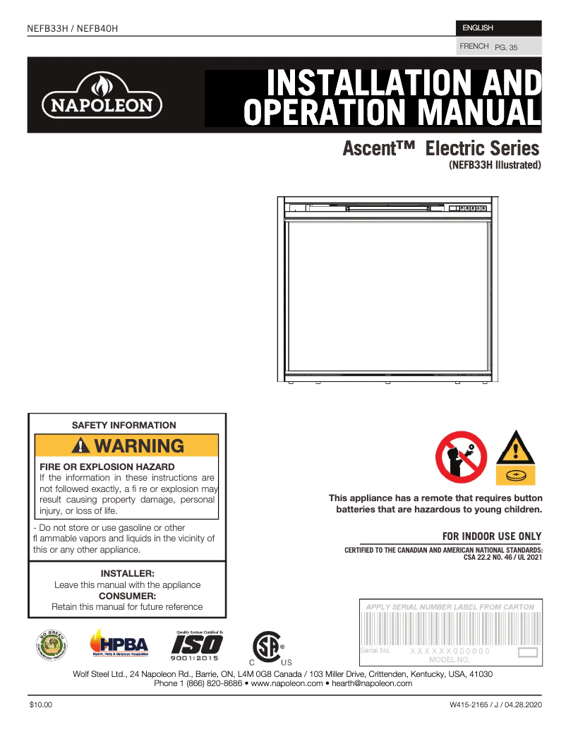Página 1 del manual Manual de usuario Napoleon Ascent Electric 40